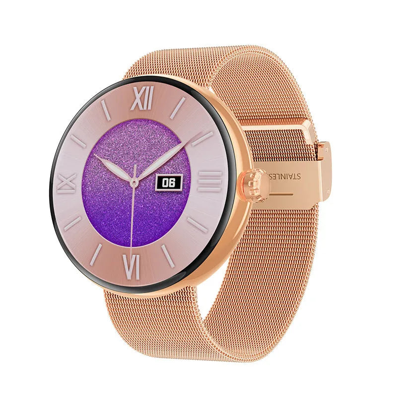 Women's smart watch with circular colour screen and metal strap on wrist