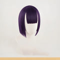 Short purple cosplay wig made from high temperature silk with rose net inner net for a natural look