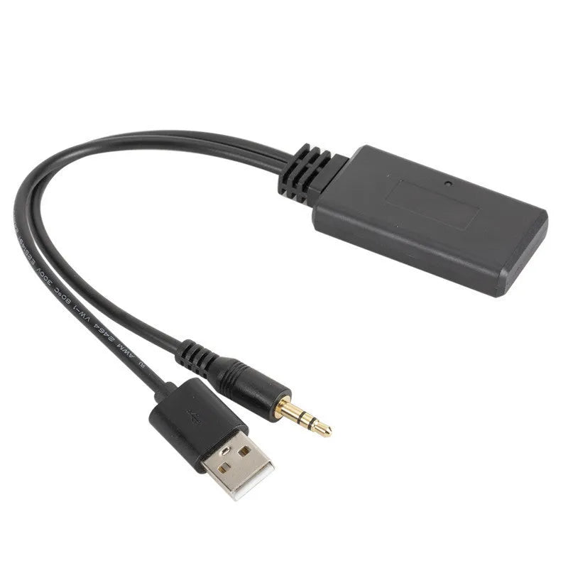 Black car AUX Bluetooth audio receiver with USB and 3.5mm output cables for wireless vehicle audio connection