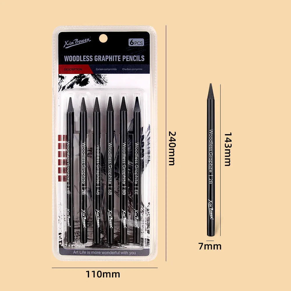 Six graphite sketching pencils in wood-free full lead design with HB 2B 4B 6B 8B EE grades