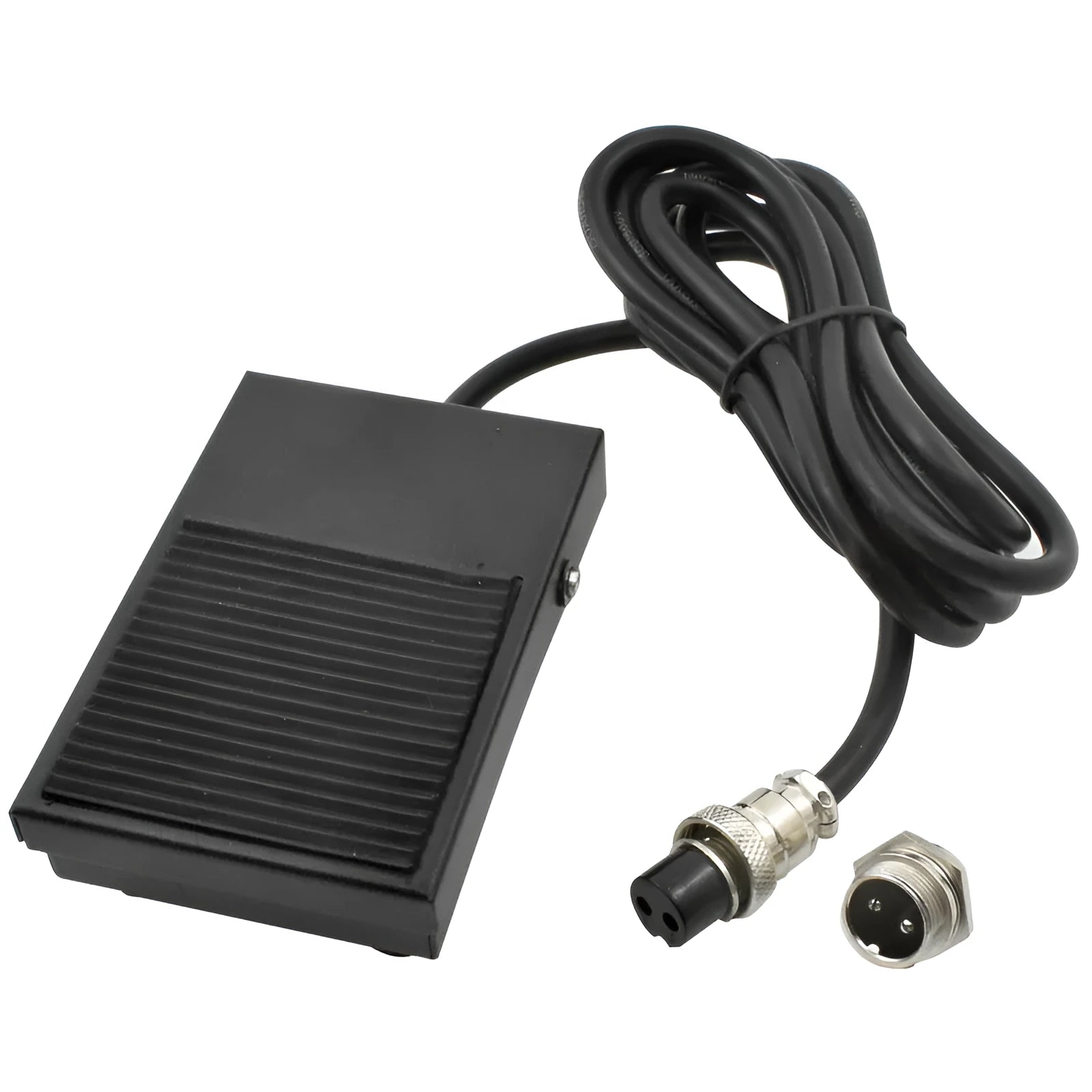 Metal welding foot switch pedal with black rubber top and 1.8 metre grey cable ending in a 2-pin plug connector.