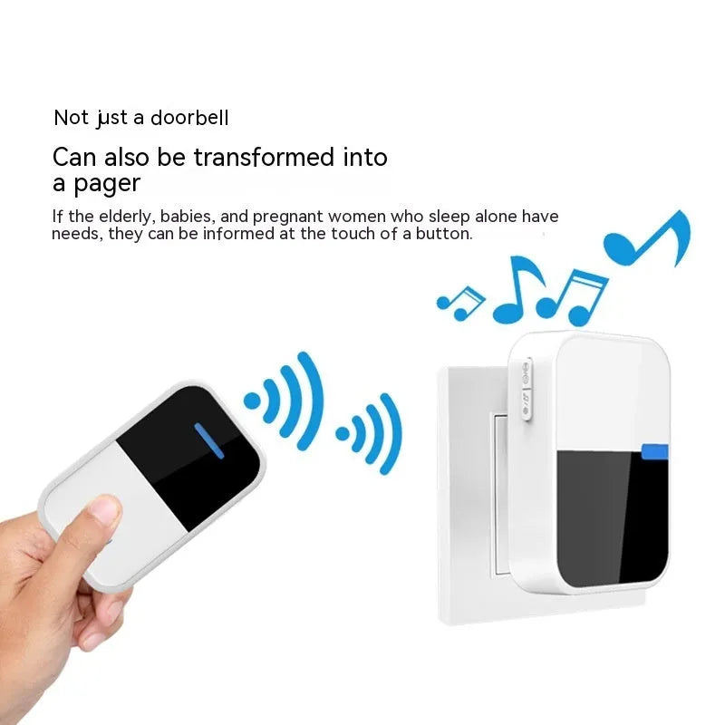 Modern white plastic wireless doorbell receiver and self-generating push-button transmitter on a table.