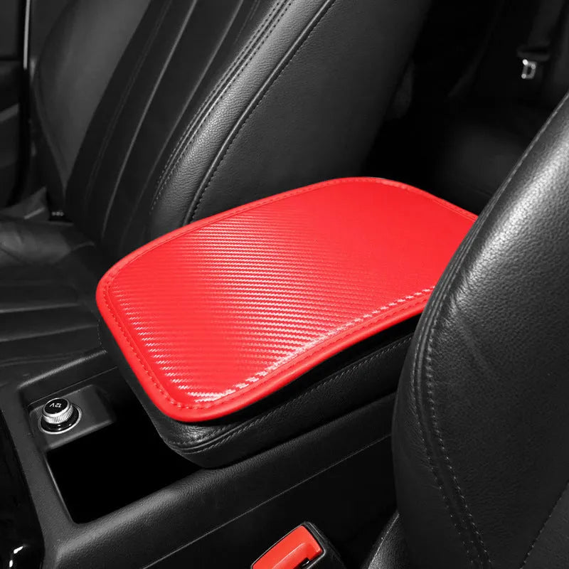 Leather car armrest box cushion mat in four colour options on a white background.