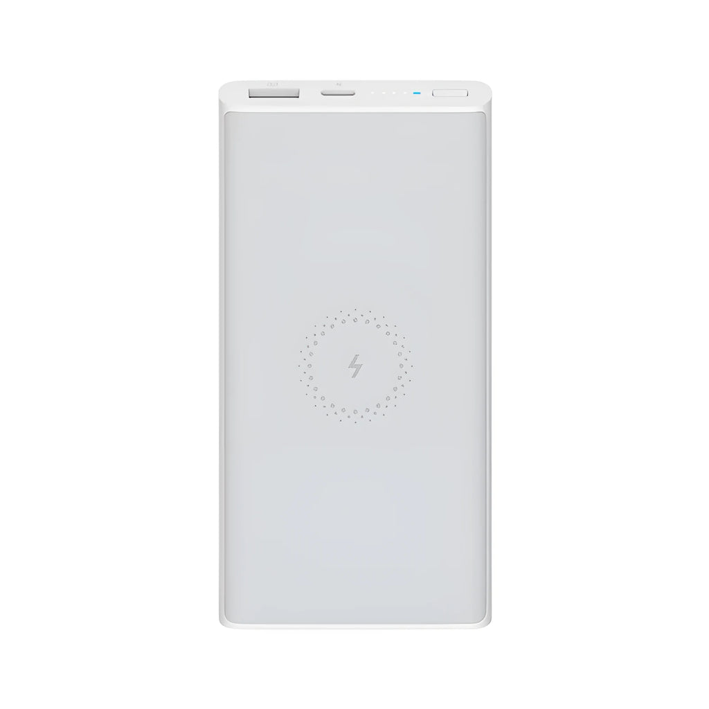 White 10000mAh power bank showing USB Type-C port, USB output, and wireless charging symbol.