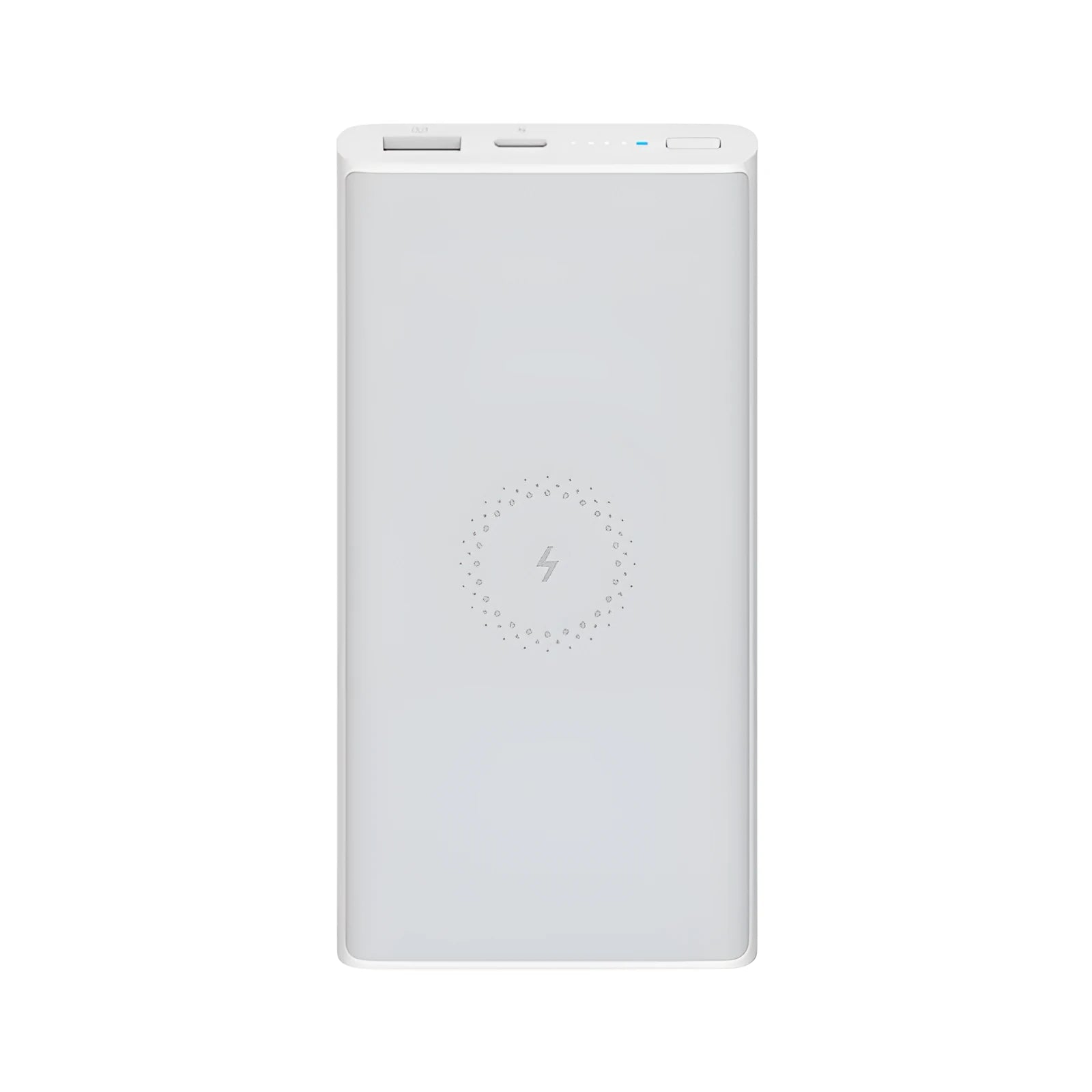 White 10000mAh power bank showing USB Type-C port, USB output, and wireless charging symbol.