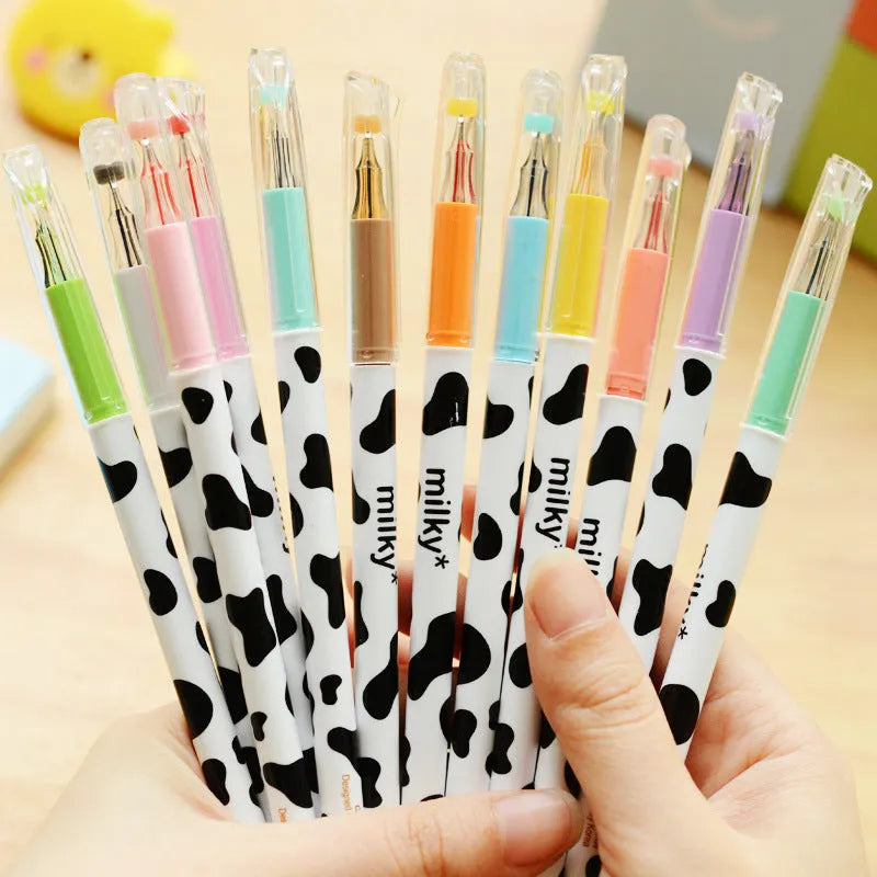 Cow colour gel pen with 0.38mm fine tip and 12 coloured refills in a plastic shell.
