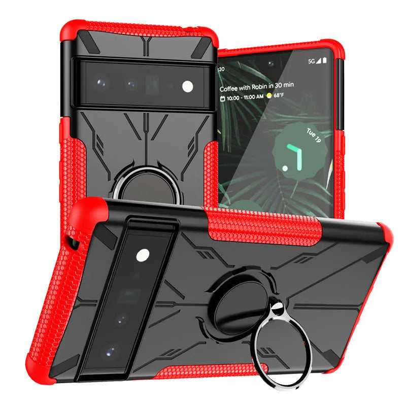 Magnetic car ring bracket phone case for Google Pixel 6 in black with Mecha Bear design and TPU shockproof construction