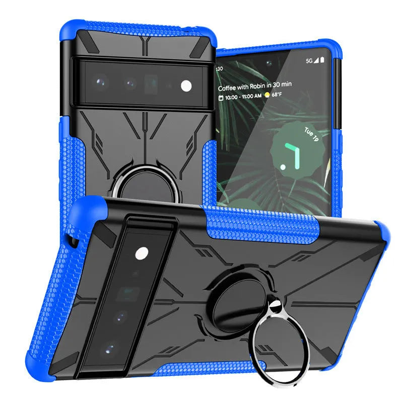 Magnetic car ring bracket phone case for Google Pixel 6 in black with Mecha Bear design and TPU shockproof construction