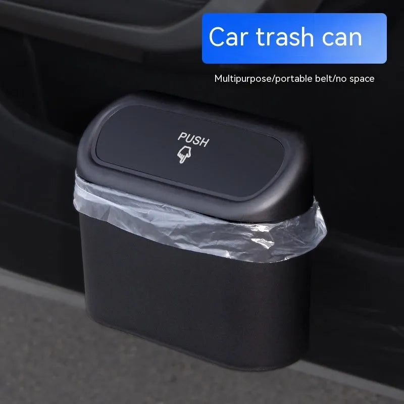 Black folding car trash can showing collapsed and expanded states for seat mounting