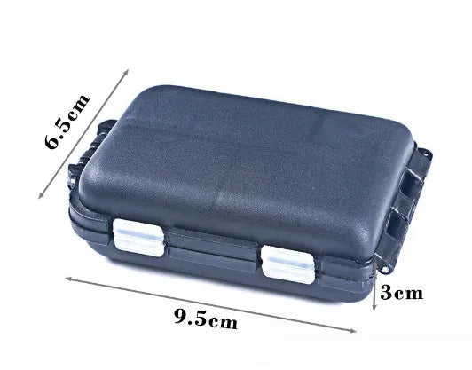 Small plastic fishing tackle storage box with 10 internal compartments in black colour