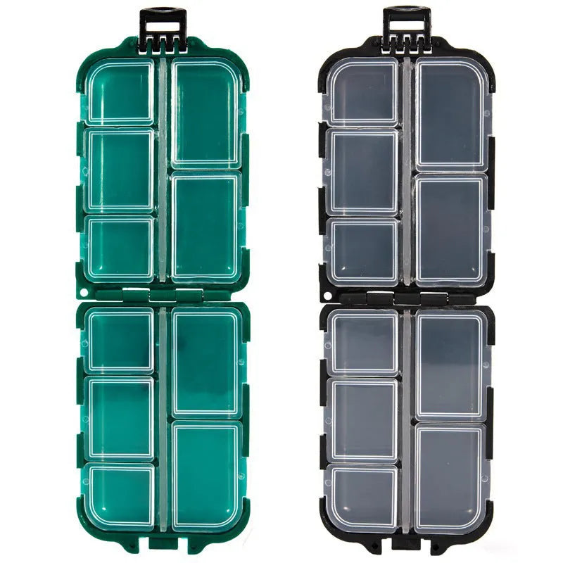 Small plastic fishing tackle storage box with 10 internal compartments in black colour
