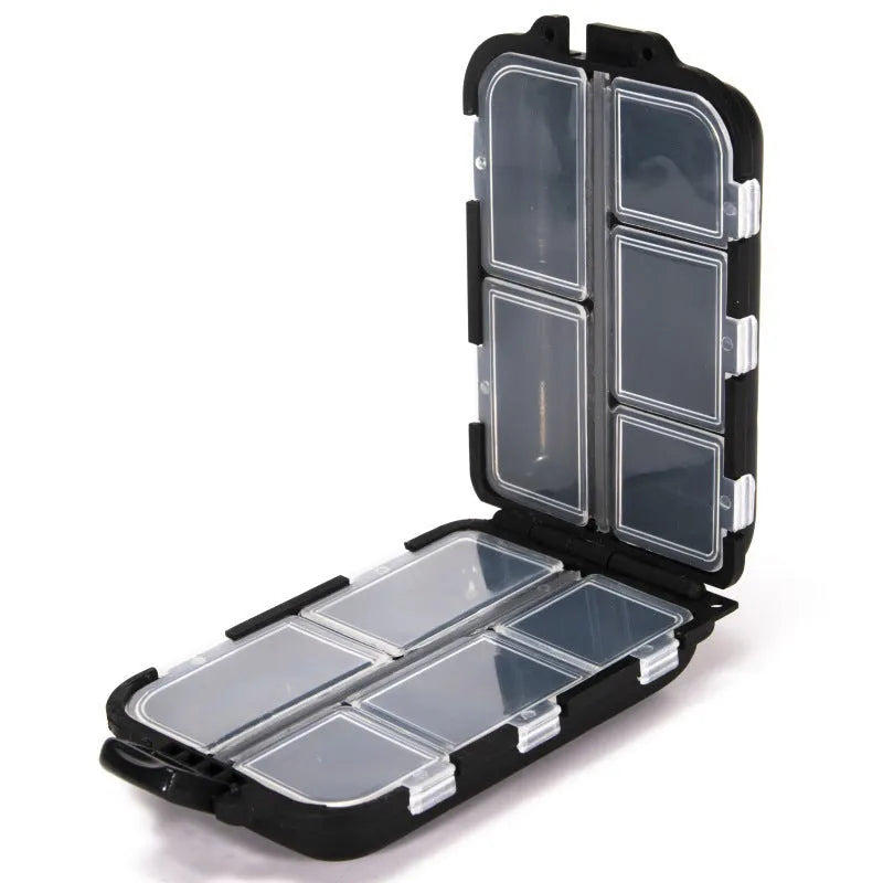 Small plastic fishing tackle storage box with 10 internal compartments in black colour