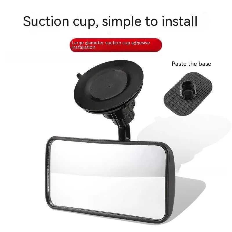 Black 360-degree rotating rearview mirror for cars shown with a large sucker mount for windscreen attachment.