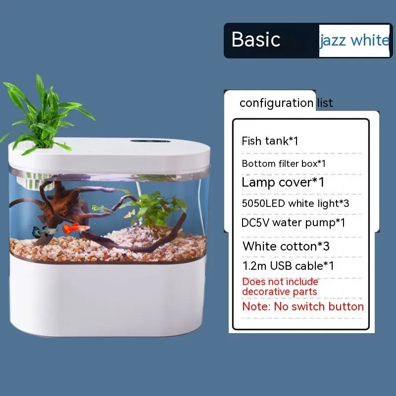 Desktop self-circulation mini aquarium with LED light and USB pump in black plastic