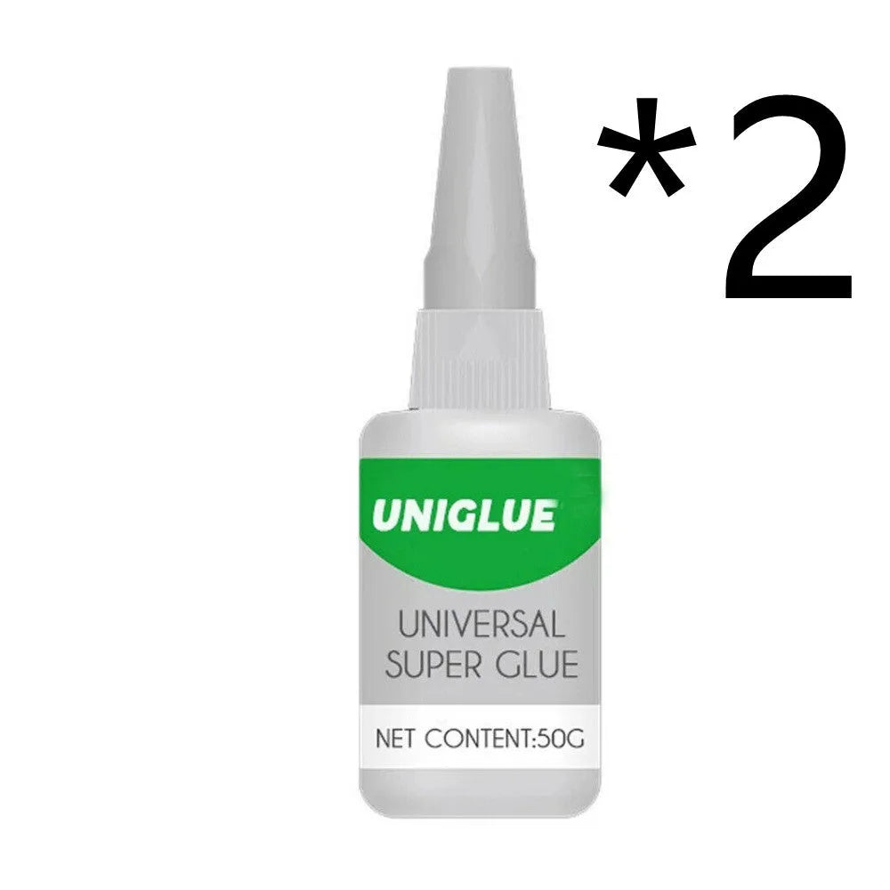 Uniglue Universal Super Glue tube with pin-point nozzle for no-drip application on various materials.