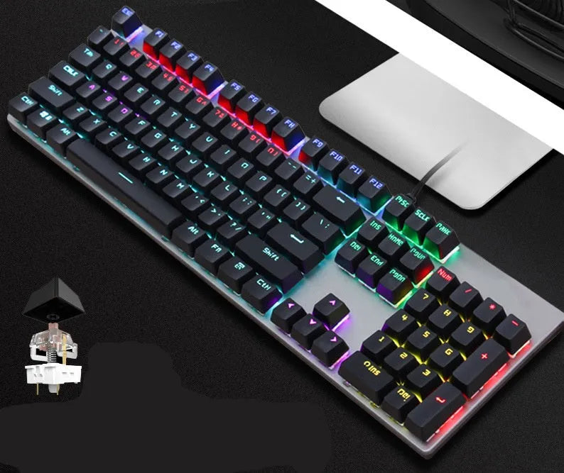 AOC GK410 mechanical keyboard with green switches, metal case, and red backlit keys.