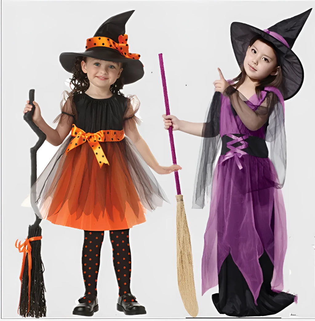 Children's witches costume in linen fabric, available in multiple colours and sizes from 50cm to 160cm.