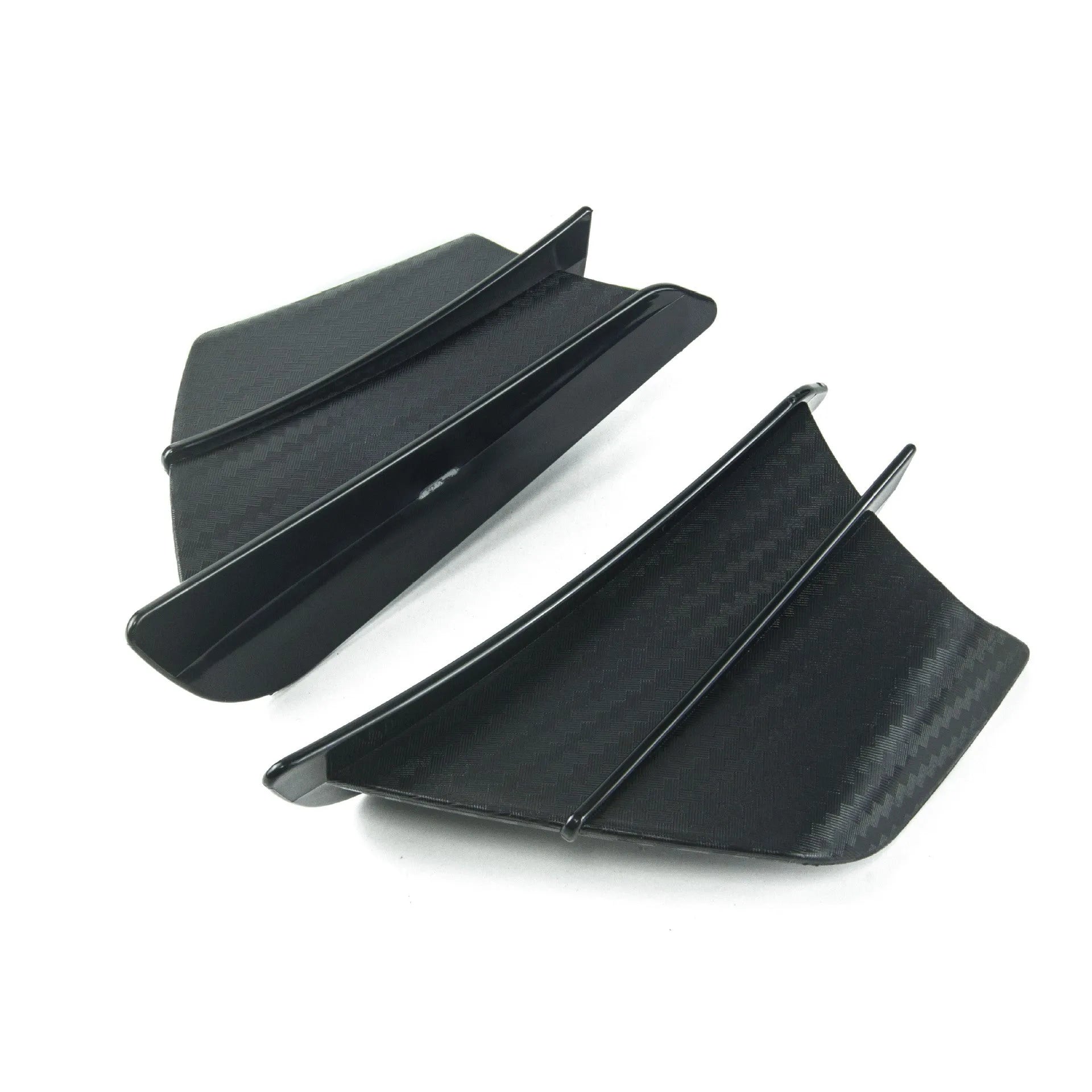 Motorcycle spoiler wing accessories in four different pattern finishes showing 18cm by 8cm dimensions
