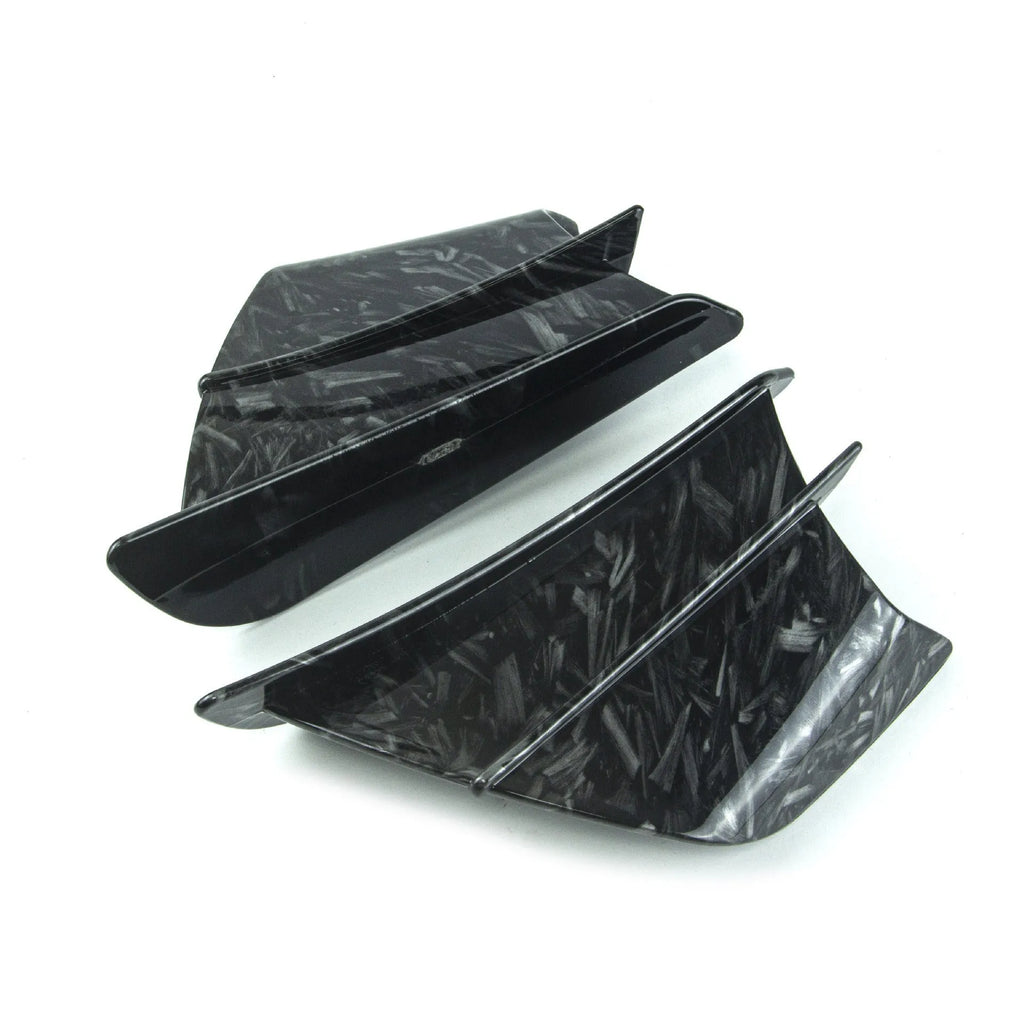 Motorcycle spoiler wing accessories in four different pattern finishes showing 18cm by 8cm dimensions