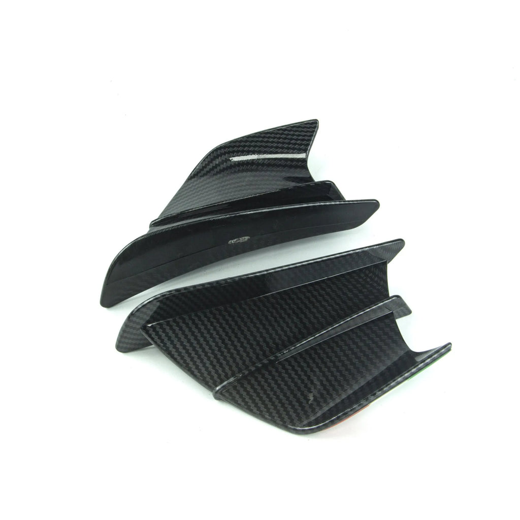 Motorcycle spoiler wing accessories in four different pattern finishes showing 18cm by 8cm dimensions