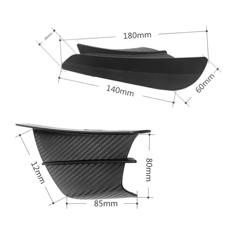 Motorcycle spoiler wing accessories in four different pattern finishes showing 18cm by 8cm dimensions