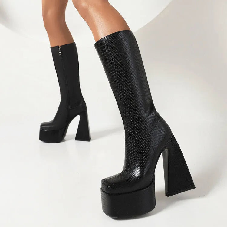 Women's black casual high boots with artificial PU upper in European size 38