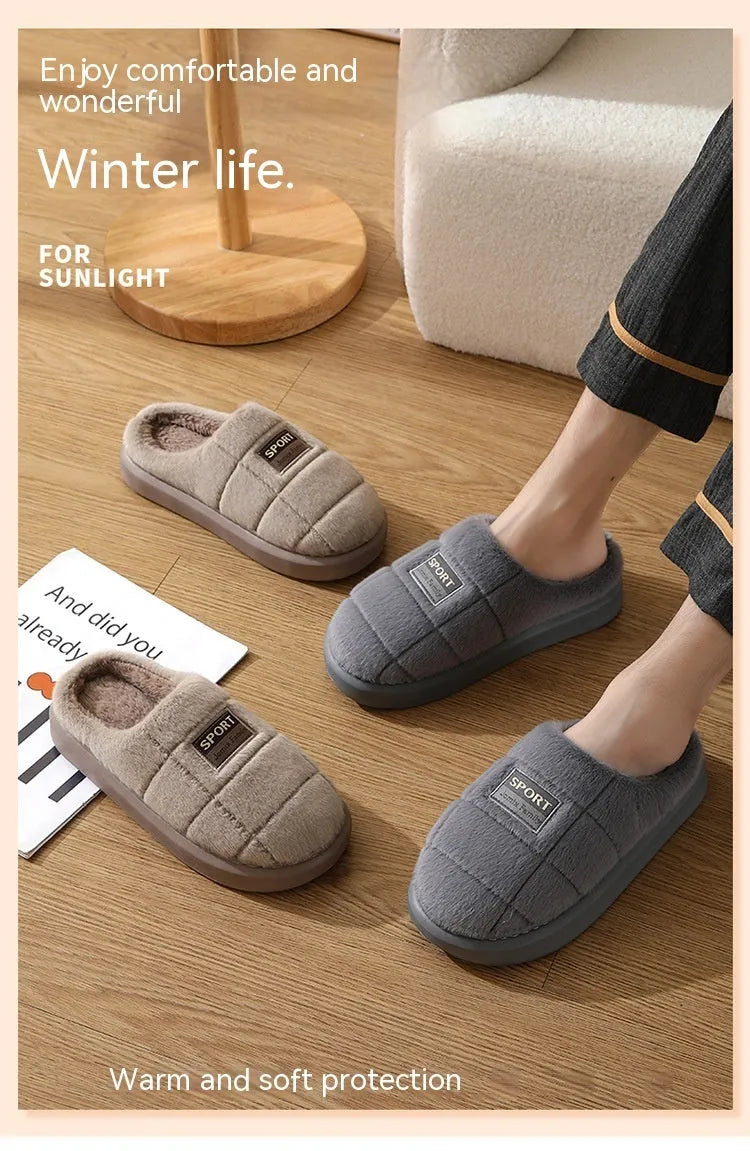 Men's brown and grey plaid cotton slippers with wool lining and a thick EVA sole.