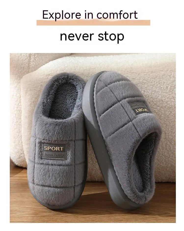 Men's brown and grey plaid cotton slippers with wool lining and a thick EVA sole.