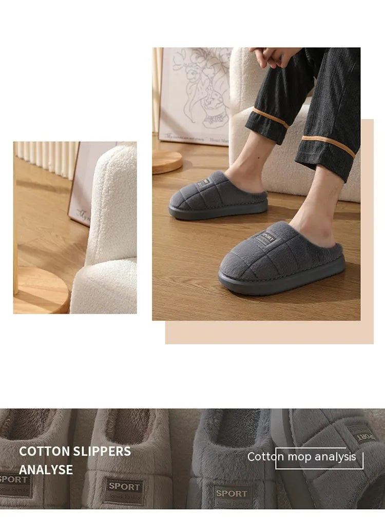 Men's brown and grey plaid cotton slippers with wool lining and a thick EVA sole.