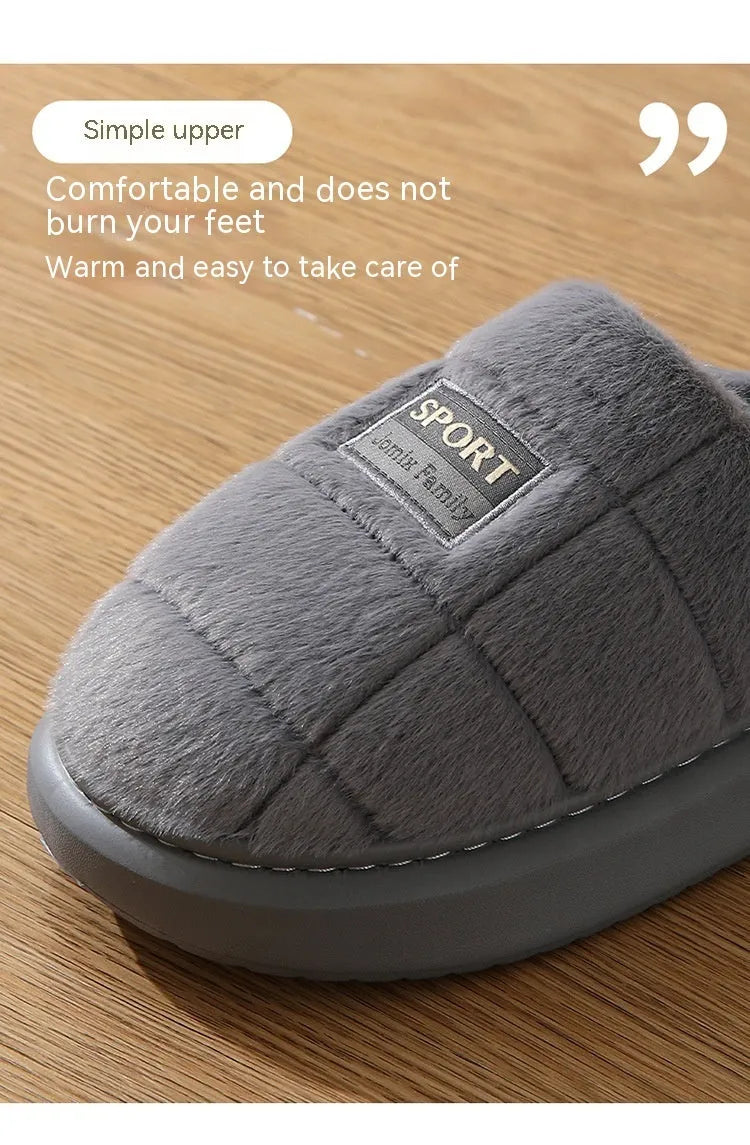 Men's brown and grey plaid cotton slippers with wool lining and a thick EVA sole.