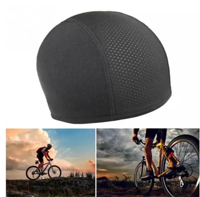 Black anti-sweat quick dry cycling cap on white background, polyester spandex material, 22x15cm size