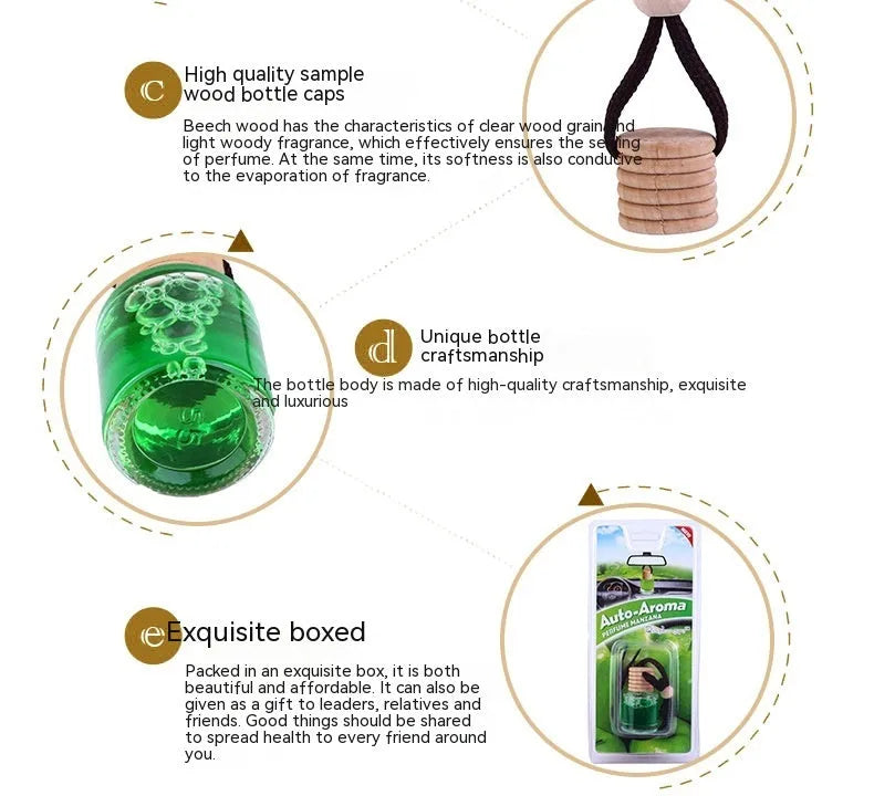 Glass bottle car air freshener hanging ornament with choice of six 55g scents.