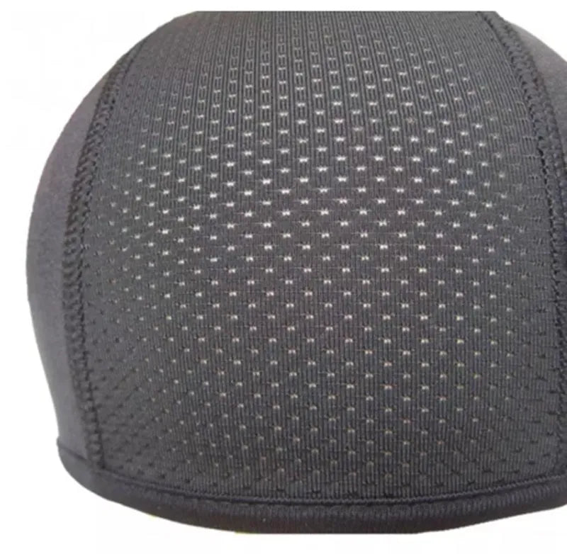 Black anti-sweat quick dry cycling cap on white background, polyester spandex material, 22x15cm size