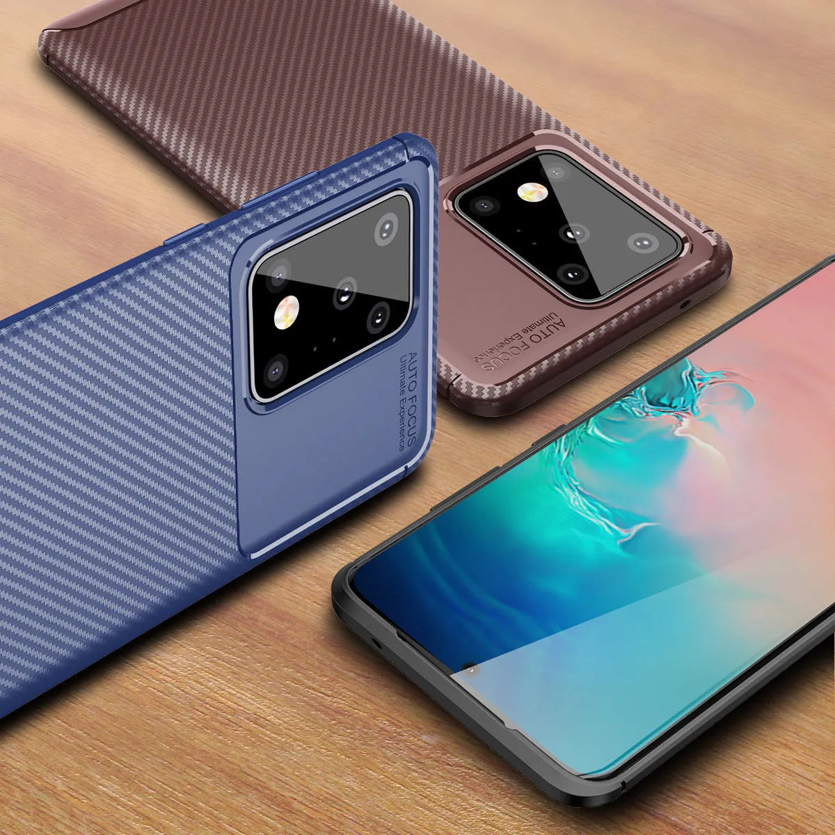 Solid colour TPU back case for Samsung Galaxy phone in black, blue, or brown.
