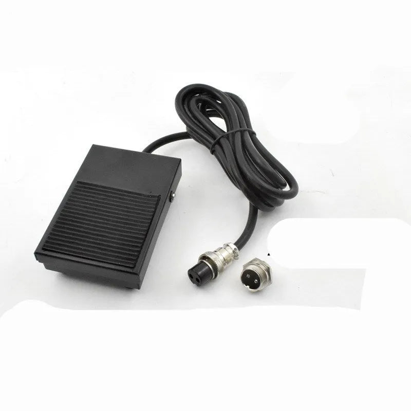 Metal welding foot switch pedal with black rubber top and 1.8 metre grey cable ending in a 2-pin plug connector.