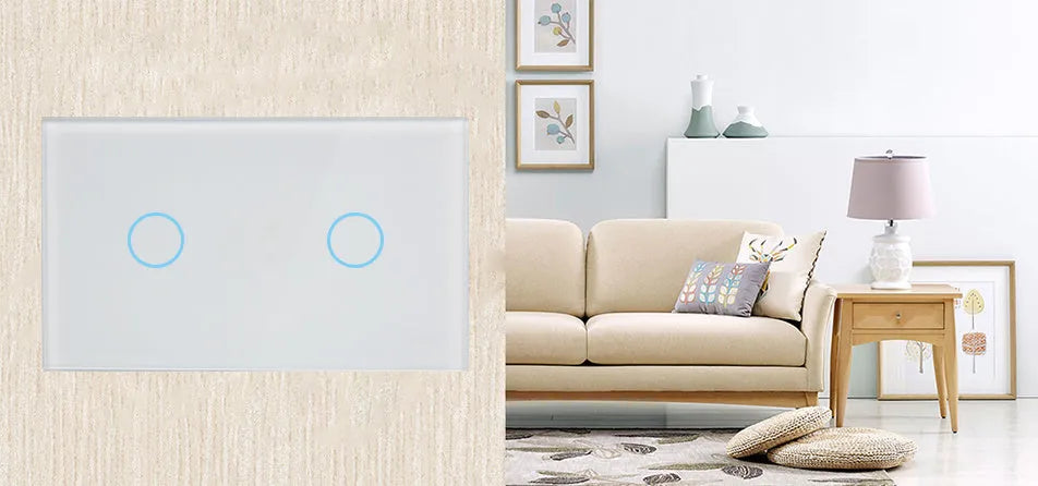 White 2-gang RF smart touch light switch with tempered glass panel and LED indicators