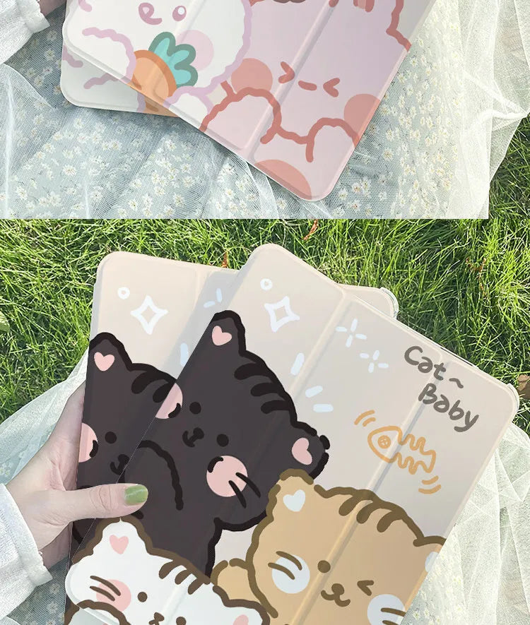 Silicone tri-fold iPad case with cartoon rabbit print, shown folded into a stand.