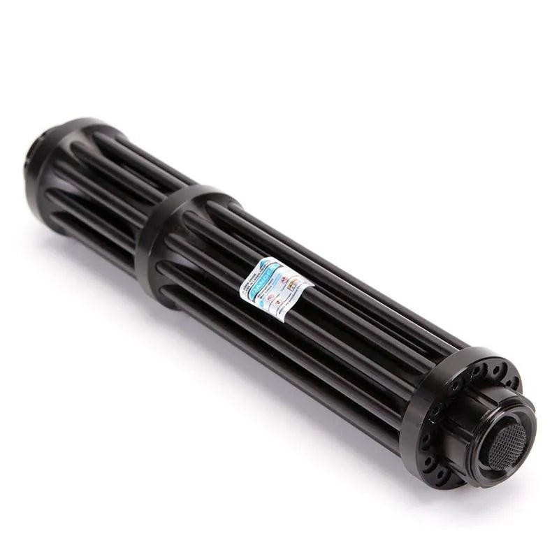 Black anodised aluminium extended flashlight with blue laser pointer, showing tail switch and 18650 battery.