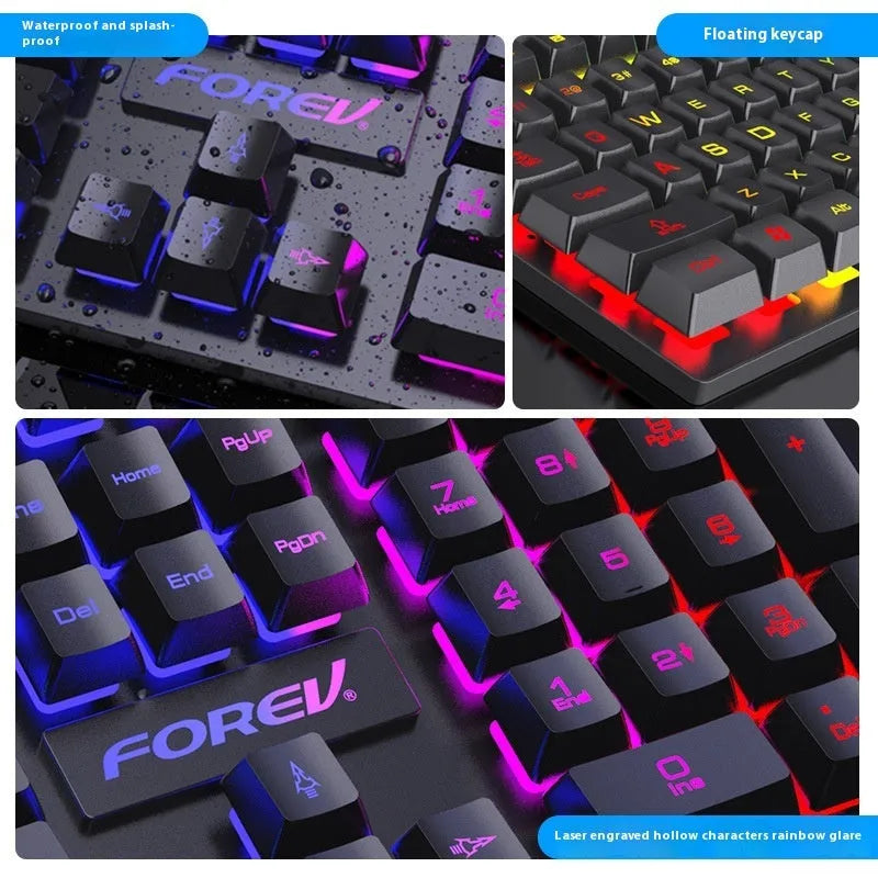 FV-Q1 wired luminous keyboard with six-colour backlight on a desk, connected to a computer