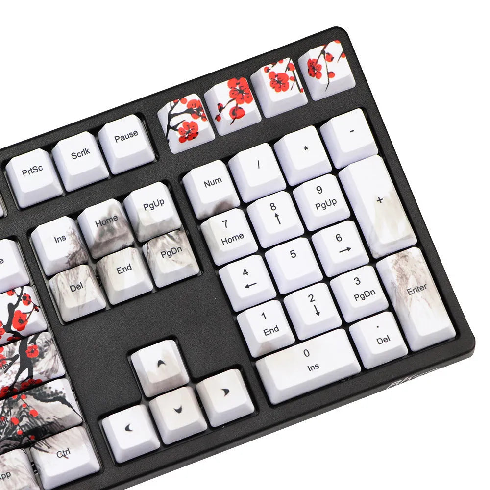 PBT Wangjiang plum blossom themed keycap set for mechanical keyboards, showing Korean and Japanese legend options.