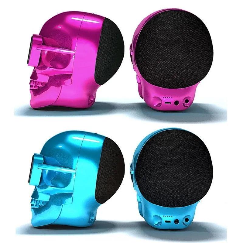 Skull-shaped portable Bluetooth speaker with 10-hour battery in multiple colour options