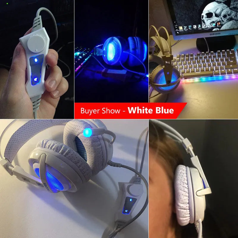Black and white USB gaming headset with LED lights and large ear cups