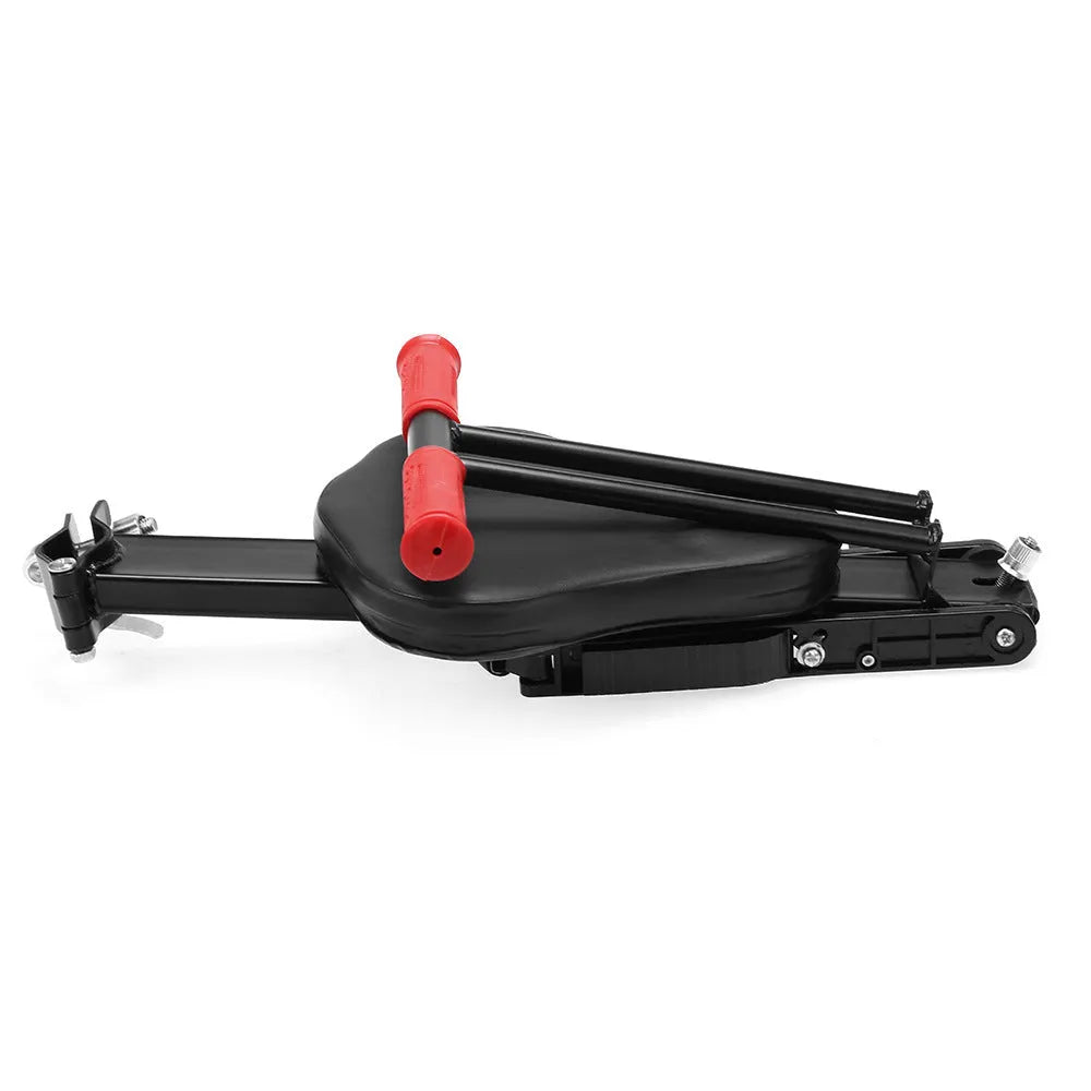 Front child bicycle seat in black with aluminium frame, cushion, handrail, and pedal