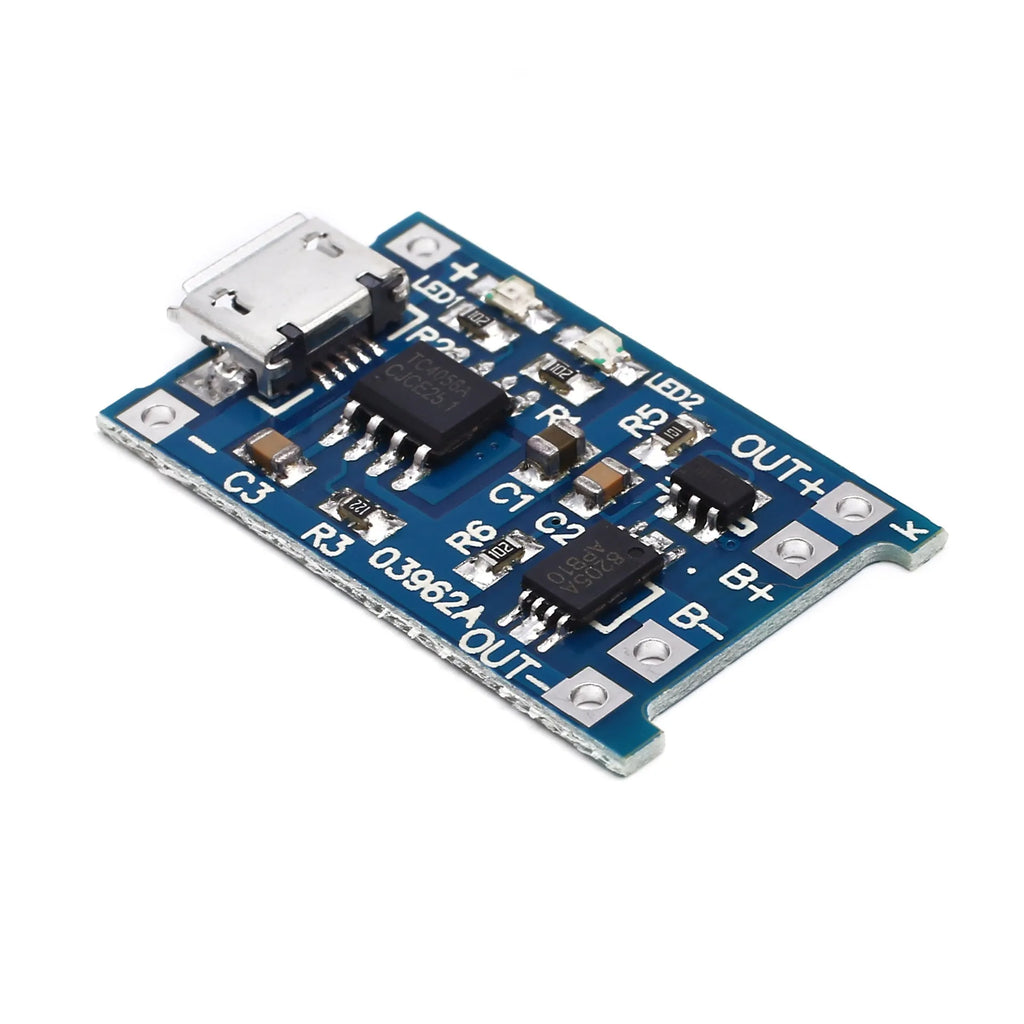 Small blue lithium battery charging and protection circuit board measuring 26mm by 17mm.
