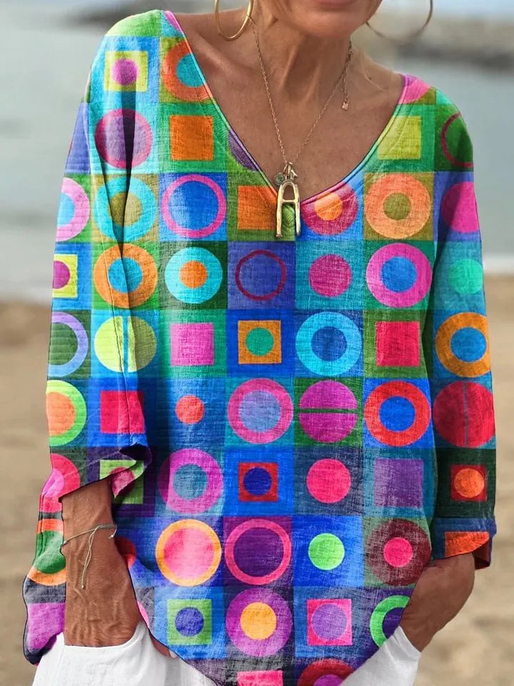Women's loose fit V-neck long sleeve top in brushed milk silk fabric with digital printed pattern