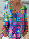 Women's loose fit V-neck long sleeve top in brushed milk silk fabric with digital printed pattern