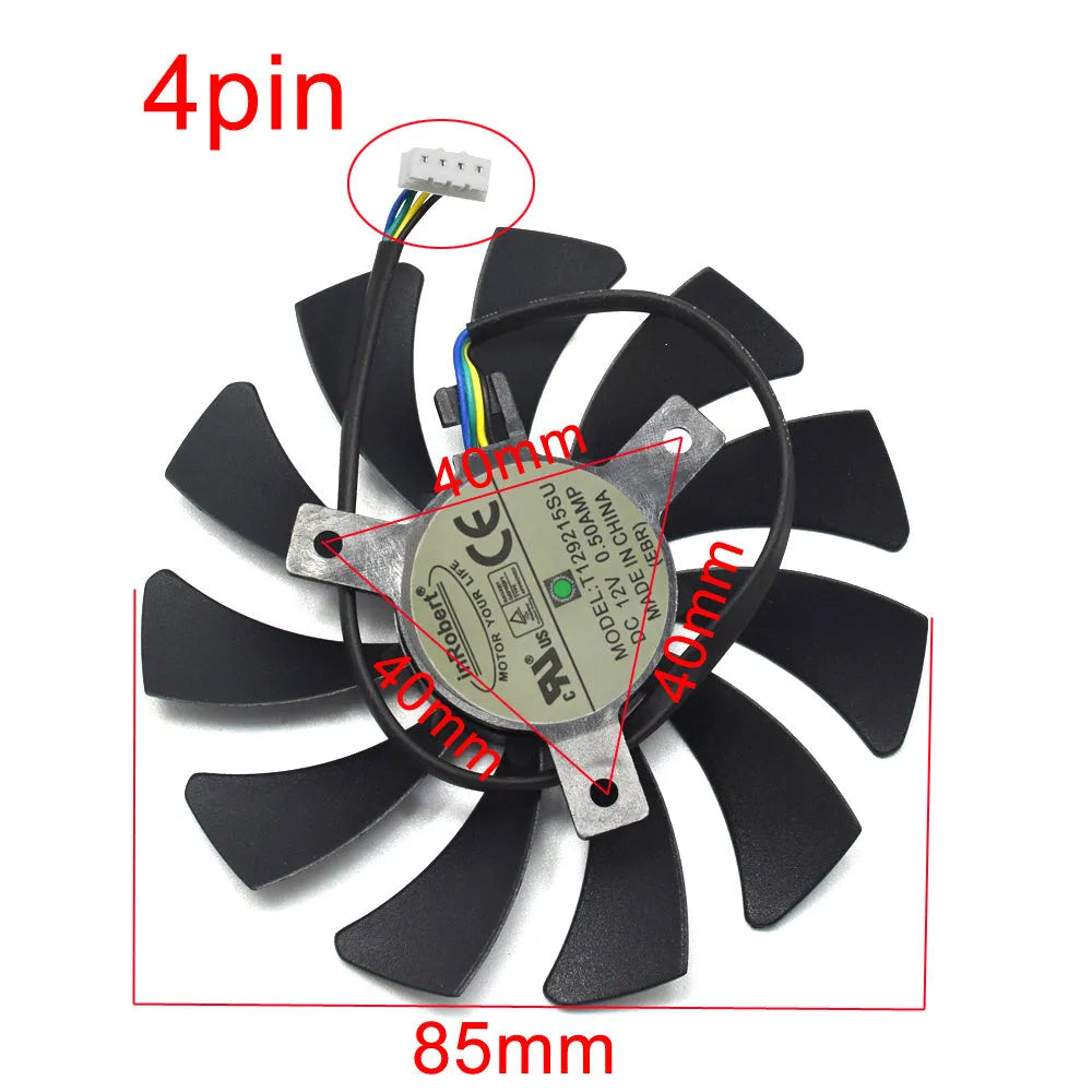 Black 85mm square PC cooling fan with 4-pin connector for graphics card and case ventilation