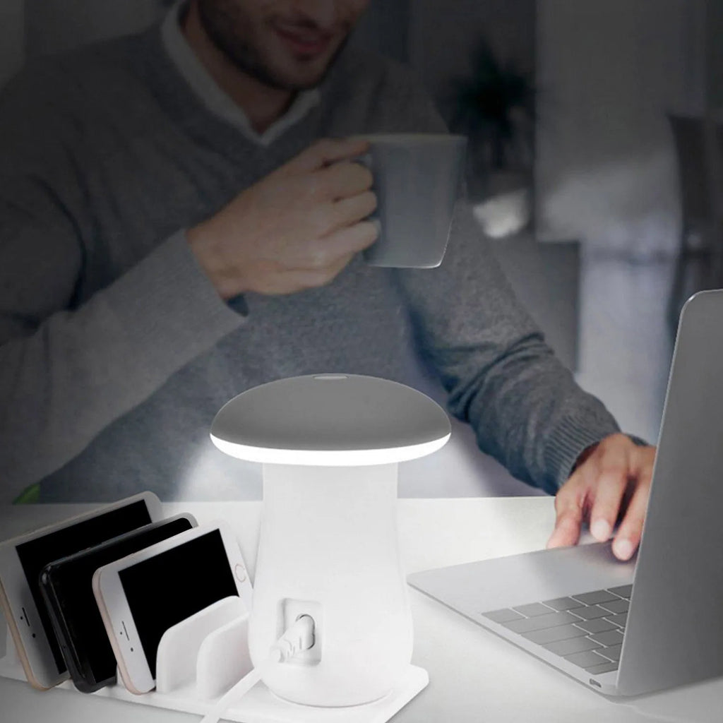 Mushroom-shaped USB charging station with 5 ports and soft LED lighting