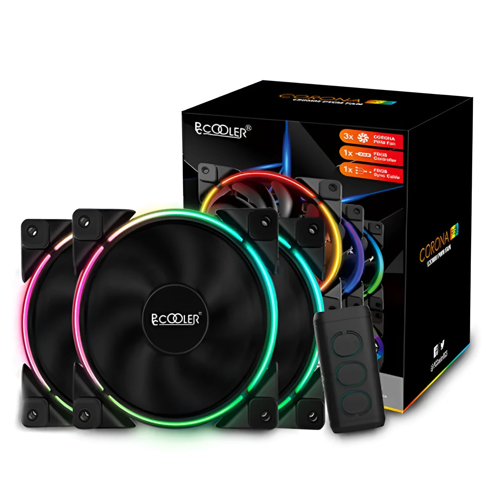 Three black 12cm RGB lighting computer case cooling fans showing fan blades and housing.
