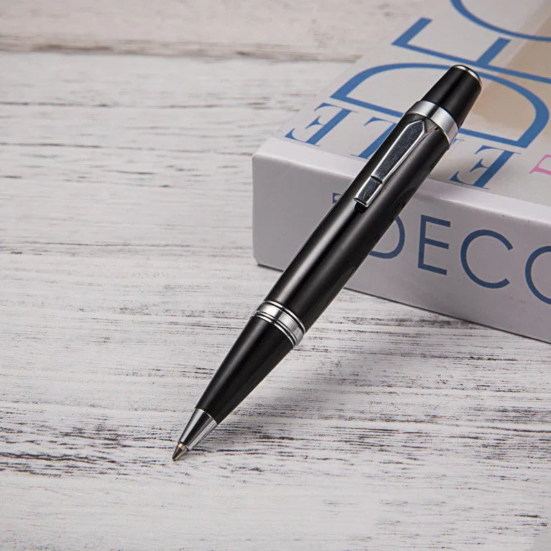 Short mini metal ballpoint pen with rotating mechanism, silver shell, and black ink, 112mm length